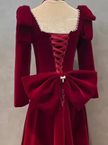 Sexy A line Long Sleeves Red Velvet Long Prom Dress HZ1024