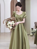 Sexy A line Short Sleeves Sage Green Satin Long Prom Dress HZ1024