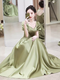 Sexy A line Short Sleeves Sage Green Satin Long Prom Dress HZ1024