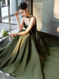 Sexy A line Sweetheart Satin Green Long Prom Dress HZ1024