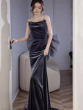 Sexy Mermaid Straps Velvet Navy Blue Long Prom Dress HZ1024