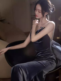Sexy Mermaid Straps Velvet Navy Blue Long Prom Dress HZ1024