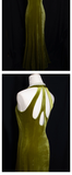 Vintage Mermaid Halter Sleeveless Velvet Green Long Prom Dresses HZ1024