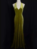 Vintage Mermaid Halter Sleeveless Velvet Green Long Prom Dresses HZ1024