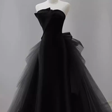 Sexy Mermaid Strapless Sleeveless Black Satin Long Prom Dress HZ1024