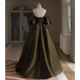 Sexy A line Off The Shoulder Short Sleeves Green Satin Long Prom Dress HZ1024