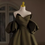 Sexy A line Off The Shoulder Short Sleeves Green Satin Long Prom Dress HZ1024