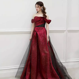 Sexy A line Off The Shoulder Short Sleeves Burgundy Tulle Long Prom Dress HZ1024