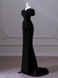 Sexy Mermaid Spaghetti Straps Black Satin Long Prom Dress HZ1024