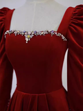 Sexy A line Long Sleeves Velvet Long Red Prom Dresses HZ1024