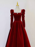 Sexy A line Long Sleeves Velvet Long Red Prom Dresses HZ1024