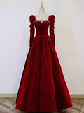 Sexy A line Long Sleeves Velvet Long Red Prom Dresses HZ1024