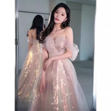 Sexy A Line Off The Shoulder Pink Tulle Long Prom Dresses HZ1024