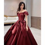 Sexy A Line Off The Shoulder Satin Burgundy Long Prom Dresses HZ1024