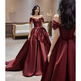 Sexy A Line Off The Shoulder Satin Burgundy Long Prom Dresses HZ1024