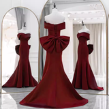 Sexy Mermaid Off The Shoulder Satin Burgundy Long Prom Dresses With Bowknot HZ1024
