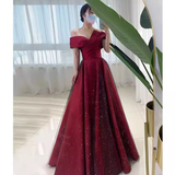 Sexy A Line Off The Shoulder Satin Burgundy Tulle Long Prom Dresses HZ1024