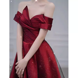 Sexy A Line Off The Shoulder Satin Burgundy Tulle Long Prom Dresses HZ1024