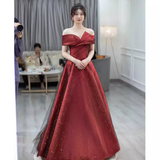 Sexy A Line Off The Shoulder Satin Burgundy Tulle Long Prom Dresses HZ1024