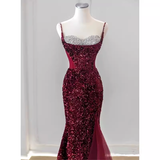 Sexy Mermaid Spaghetti Straps Sequin Burgundy Long Prom Dresses HZ1024