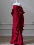Sexy Mermaid Off The Shoulder Short Sleeves Satin Burgundy Prom Dress HZ1024