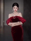 Sexy Mermaid Off The Shoulder Short Sleeves Velvet Burgundy Prom Dress HZ1024