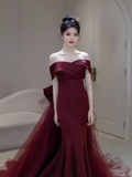 Sexy Mermaid Off The Shoulder Short Sleeves Burgundy Prom Dress Satin Birthday Outfits HZ1024