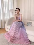 Vintage Mermaid Halter Sleeveless Ombre Pink Long Prom Dresses HZ1024