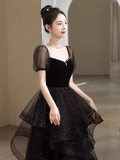 Sexy A Line Short Sleeves Black Prom Dress Tulle Birthday Outfits HZ1024