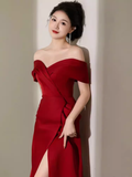 Modest Mermaid Off The Shoulder Satin Red Prom Dress Long Evening Dress HZ1024