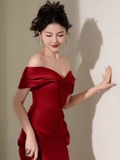 Modest Mermaid Off The Shoulder Satin Red Prom Dress Long Evening Dress HZ1024