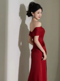 Modest Mermaid Off The Shoulder Satin Red Prom Dress Long Evening Dress HZ1024