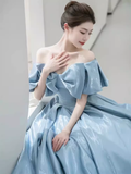 Modest A line Off The Shoulder Satin Light Sky Blue Prom Dress Long Evening Dress HZ1024