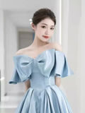 Modest A line Off The Shoulder Satin Light Sky Blue Prom Dress Long Evening Dress HZ1024