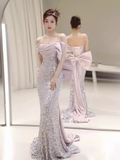Modest Memaid Off The Shoulder Satin Sequin Prom Dress Long Evening Dress HZ1024