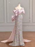 Modest Memaid Off The Shoulder Satin Sequin Prom Dress Long Evening Dress HZ1024