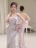 Modest Memaid Off The Shoulder Satin Sequin Prom Dress Long Evening Dress HZ1024