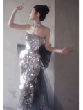 Shiny Memaid Strapless Sequin Prom Dress Long Silver Evening Dress HZ1024