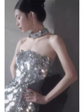 Shiny Memaid Strapless Sequin Prom Dress Long Silver Evening Dress HZ1024