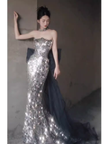 Shiny Memaid Strapless Sequin Prom Dress Long Silver Evening Dress HZ1024