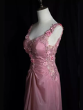 Vintage Mermaid V neckline Sleeveless Pink Long Prom Dresses HZ1024