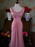 Vintage Mermaid V neckline Sleeveless Pink Long Prom Dresses HZ1024
