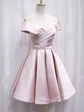 Simple Off Shoulder Pink Satin Short Homecoming Dress HZ1024