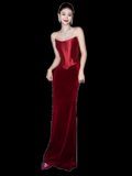 Simple A Line Strapless Wine Red Long Prom Dresses HZ1024