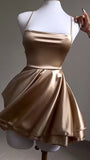 Vintage A line Straps Gold Backless Birthday Outfits Satin Homecoming Dress HZ1024
