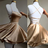 Vintage A line Straps Gold Backless Birthday Outfits Satin Homecoming Dress HZ1024