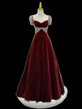 Simple A Line Short Sleeves Velvet Burgundy Long Prom Dresses HZ1024