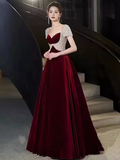 Simple A Line Short Sleeves Velvet Burgundy Long Prom Dresses HZ1024