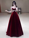 Simple A Line Short Sleeves Velvet Burgundy Long Prom Dresses HZ1024