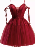 Vintage A line Straps Burgundy Birthday Outfits Tulle Homecoming Dress HZ1024